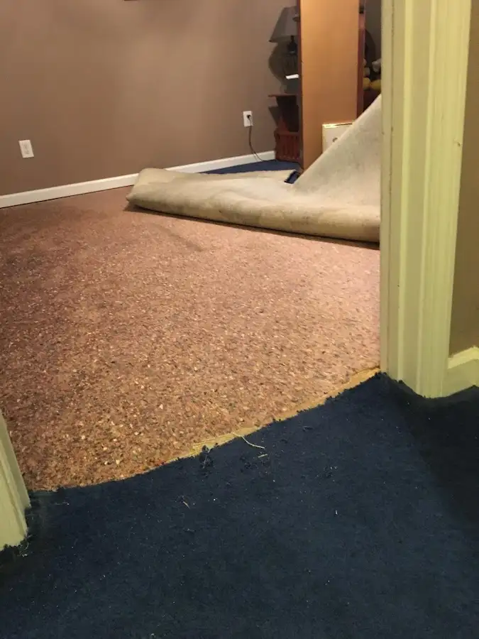 Carpet pad removal revealing water damage during Drying & Dehumidification in Clarksburg